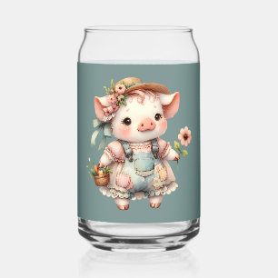Cute Pastel Piglet in Cottagecore Overalls Can Glass