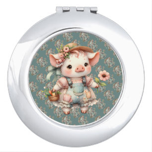 Cute Pastel Piglet in Cottagecore Overalls Compact Mirror