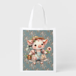 Cute Pastel Piglet in Cottagecore Overalls Grocery Bag
