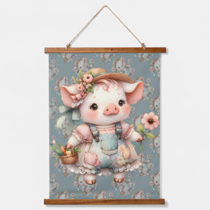 Cute Pastel Piglet in Cottagecore Overalls Hanging Tapestry