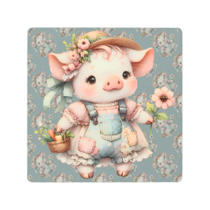 Cute Pastel Piglet in Cottagecore Overalls Metal Print