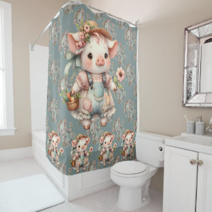 Cute Pastel Piglet in Cottagecore Overalls Shower Curtain