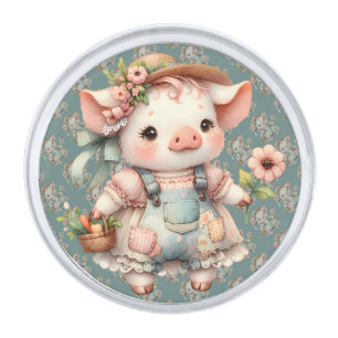 Cute Pastel Piglet in Cottagecore Overalls Silver Finish Lapel Pin
