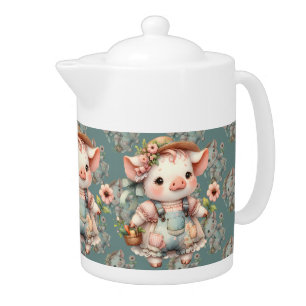 Cute Pastel Piglet in Cottagecore Overalls Teapot