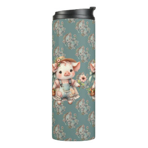 Cute Pastel Piglet in Cottagecore Overalls Thermal Tumbler