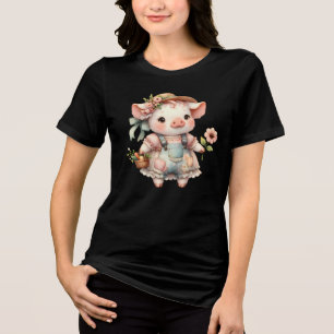 Cute Pastel Piglet in Cottagecore Overalls Tri-Blend Shirt