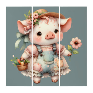 Cute Pastel Piglet in Cottagecore Overalls Triptych
