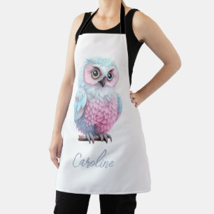 Cute Pastel Pink and Blue Cartoon Owl Apron