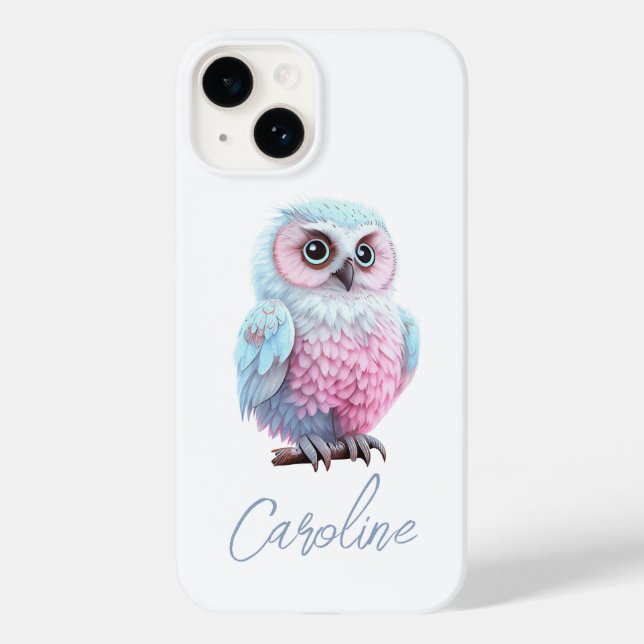 Cute Pastel Pink and Blue Cartoon Owl Case-Mate iPhone Case (Back)