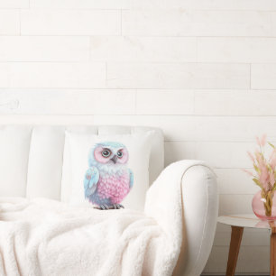 Cute Pastel Pink and Blue Cartoon Owl Throw Pillow