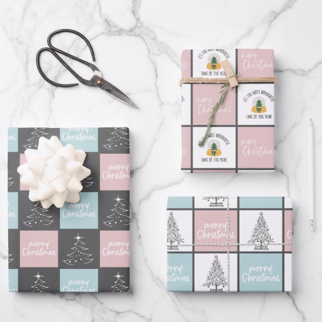 Cute pastel pink and Blue Christmas Pattern Wrapping Paper Sheets (Front)