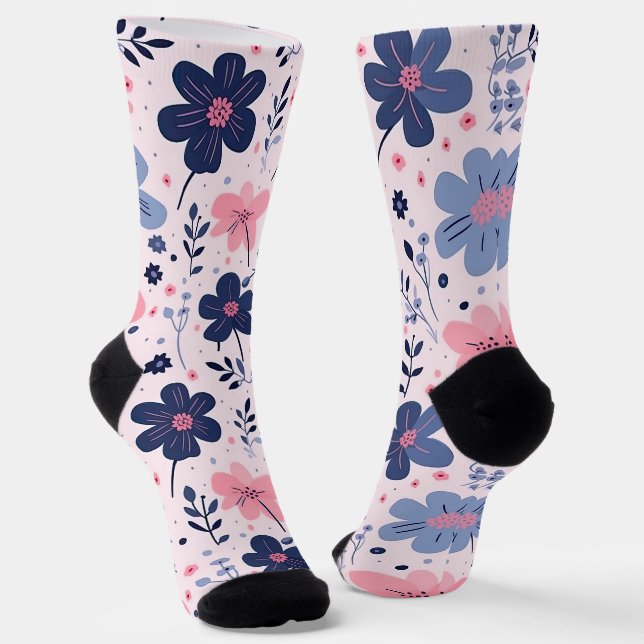 Cute Pastel Pink And Blue Floral Spring Garden Socks (Angled)