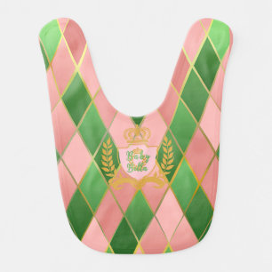 Cute Pastel Pink and Green Argyle Monogram Baby Bib