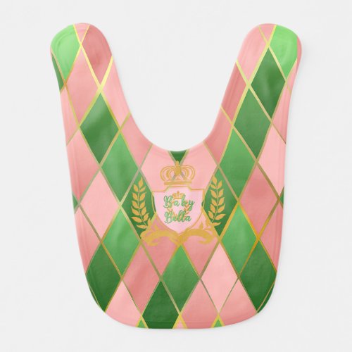 Cute Pastel Pink and Green Argyle Monogram  Baby Bib
