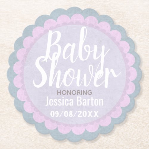 Cute Pastel Pink and Grey Custom Baby Shower Paper Coaster