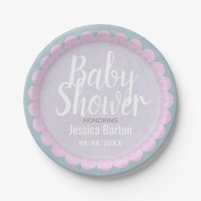 Cute Pastel Pink and Grey Custom Baby Shower Paper Plates (Front)