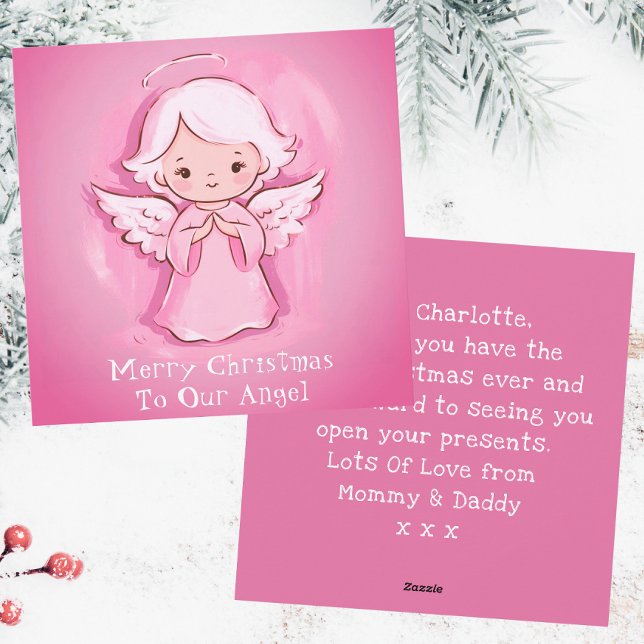 Cute Pastel Pink Angel, Girls Christmas Holiday Card (Front And Back)