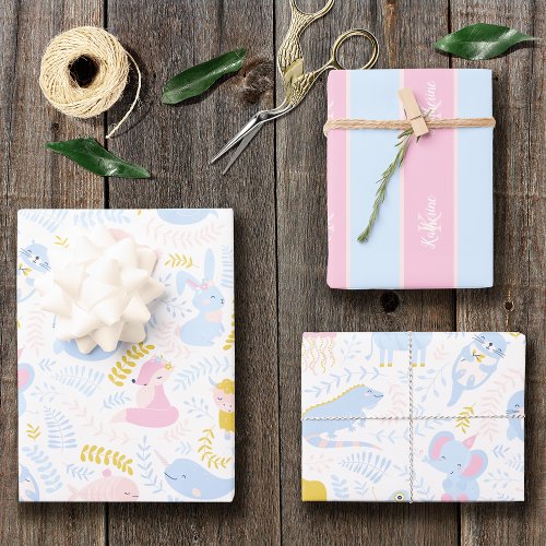 Cute Pastel Pink Animal Monogram Girl Baby Shower Wrapping Paper Sheets