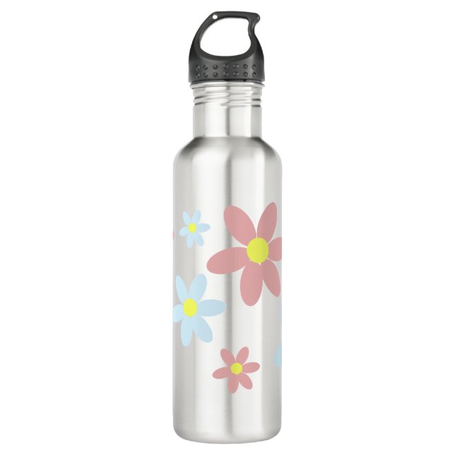 Cute Pastel Pink & Blue Floral Stainless Steel Water Bottle (Front)