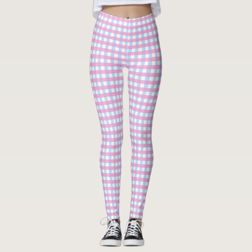 Cute Pastel Pink Blue Gingham Check Leggings