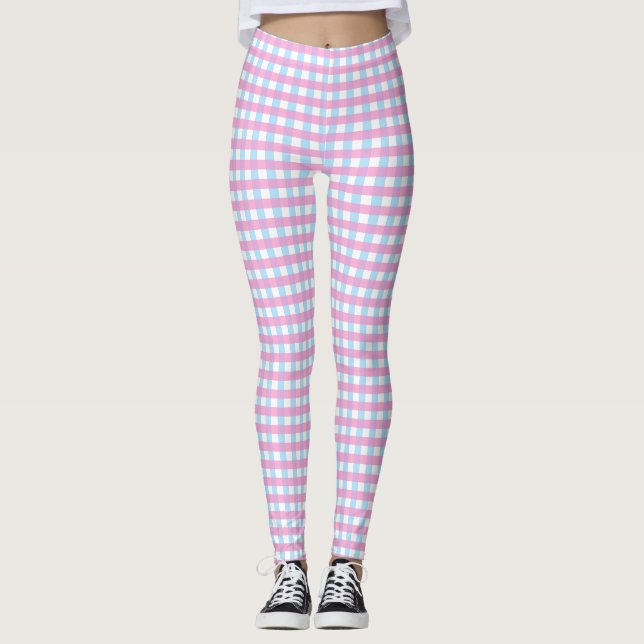 Cute Pastel Pink Blue Gingham Check Leggings (Front)