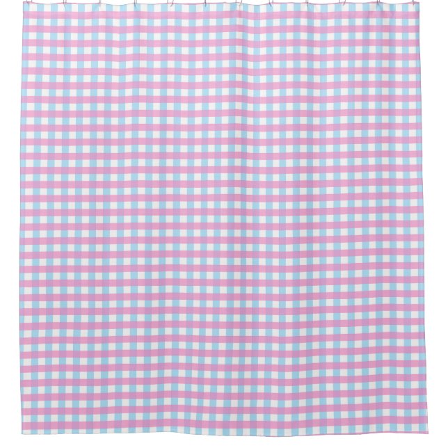 Cute Pastel Pink Blue Gingham Check Shower Curtain (Front)