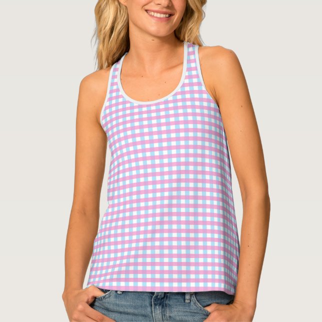Cute Pastel Pink Blue Gingham Check Tank Top (Front)