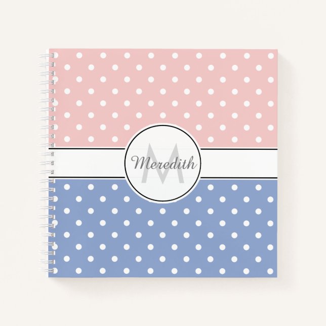 Cute Pastel Pink Blue Polka Dot Pattern Monogram Notebook (Front)