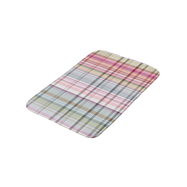 Cute Pastel Pink Blue Retro Tartan Plaid Pattern Bathroom Mat (Angled)