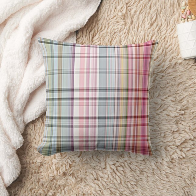 Cute Pastel Pink Blue Retro Tartan Plaid Pattern Throw Pillow (Blanket)
