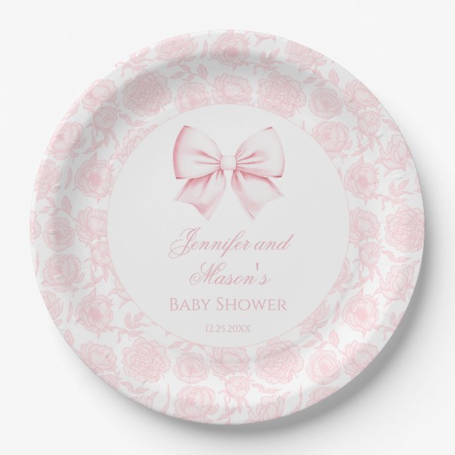 Cute pastel pink bow bohemian baby girl shower paper plates (Front)