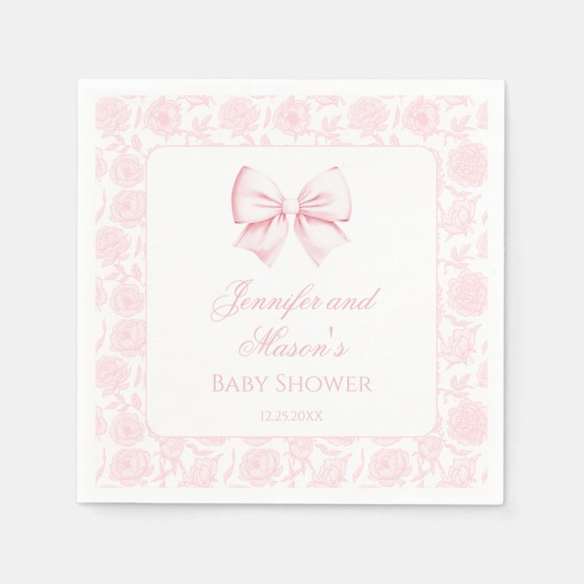 Cute pastel pink bow floral boho baby girl shower napkins (Front)