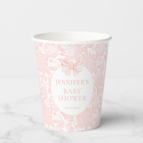 Cute pastel pink bow ribbon baby girl shower paper cups