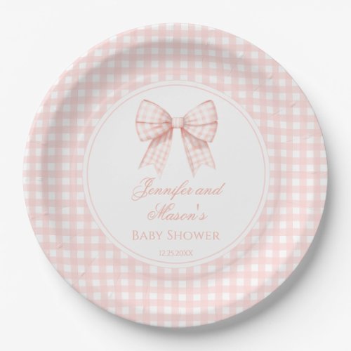 Cute pastel pink bow ribbon baby girl shower paper plates