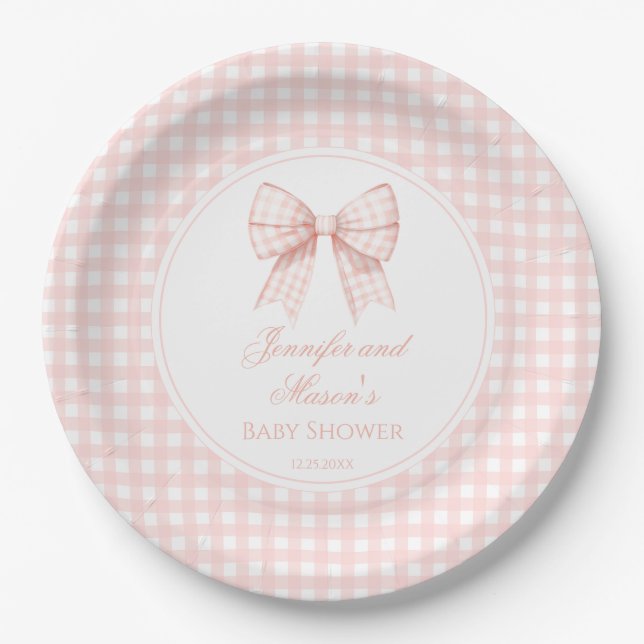 Cute pastel pink bow ribbon baby girl shower paper plates (Front)