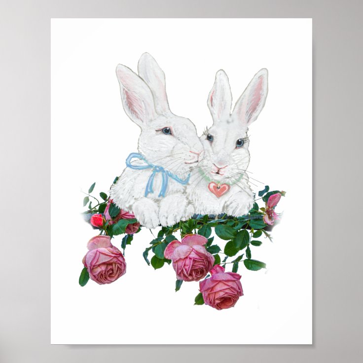 Cute Pastel Pink Bunny Rabbits & Rose Easter Poster | Zazzle