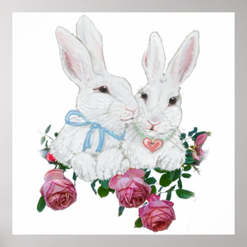 Cute Pastel Pink Bunny Rabbits  Rose Floral Poster