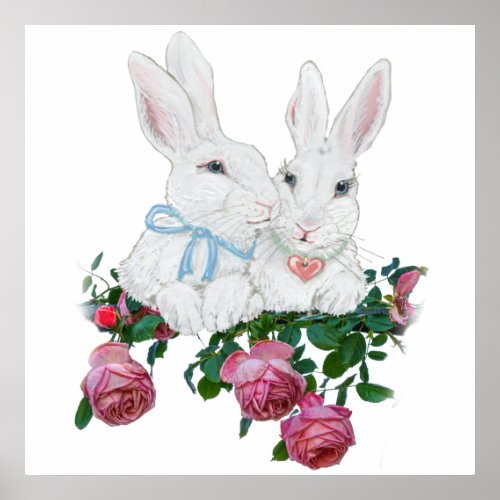 Cute Pastel Pink Bunny Rabbits  Rose Floral Poster
