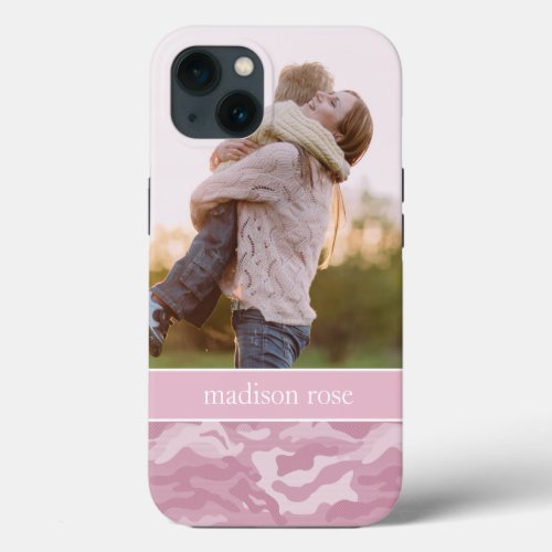 Cute Pastel Pink Camo Personalized Photo iPhone 13 Case