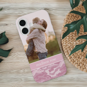 Cute Pastel Pink Camo Personalized Photo iPhone 16 Case
