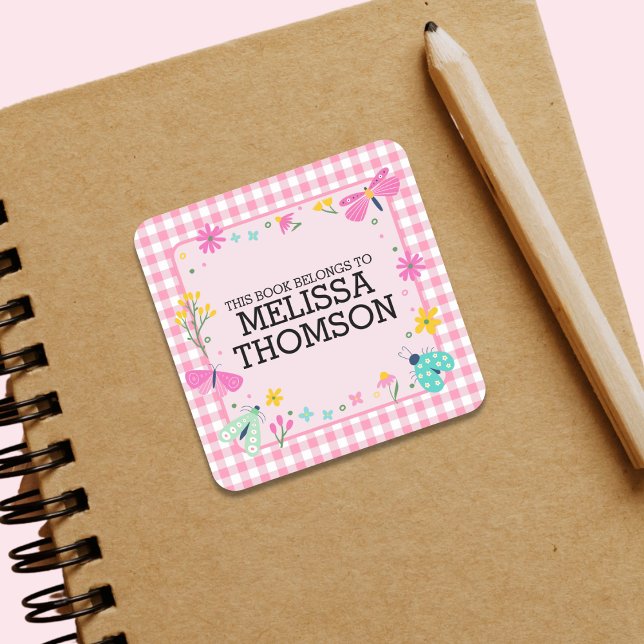 Cute Pastel Pink Checker Floral Girls Name   Square Sticker (Creator Uploaded)
