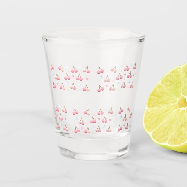Cute Pastel Pink Cherry Pattern Shot Glass (Front)