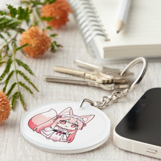 Cute Pastel Pink Chibi FoxGirl  Keychain (Front Right)