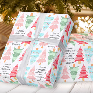 Cute Pastel Pink Colorful Christmas Tree Name Wrapping Paper