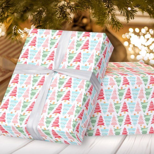 Cute Pastel Pink Colorful Christmas Tree Pattern  Wrapping Paper (Cute Pastel Pink Colorful Christmas Tree Pattern Wrapping Paper)