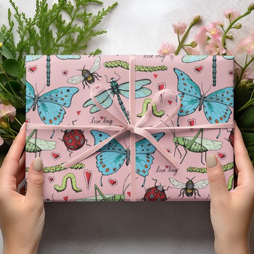 Cute Pastel Pink Colorful Insects Love Bug  Wrapping Paper