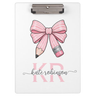 Cute Pastel Pink Cute School Pencil Bow Clipboard