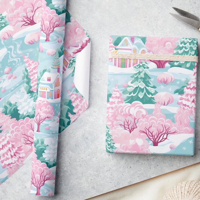 Cute Pastel Pink Enchanted Forest Christmas Wrapping Paper (Creator Uploaded)