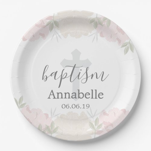 Cute Pastel Pink Floral Baby Baptism Paper Plates