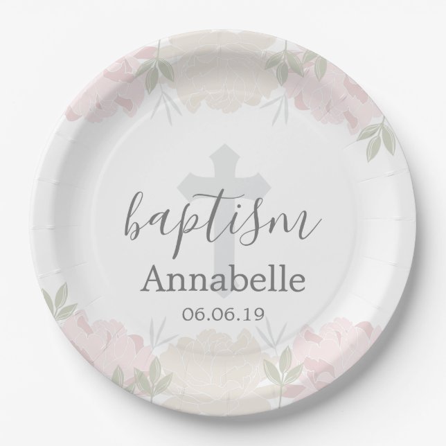 Cute Pastel Pink Floral Baby Baptism Paper Plates (Front)
